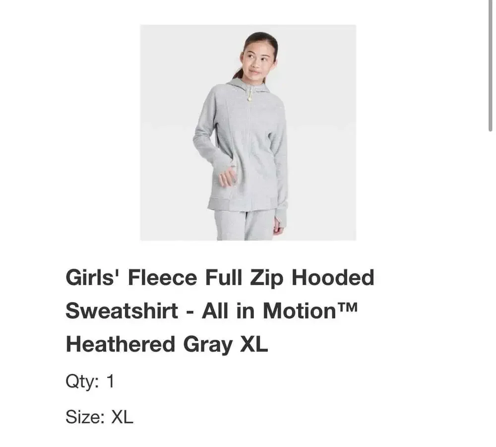 All in Motion Girls' Fleece Full Zip Hooded Sweatshirt Size XL Gray